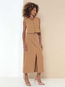 Conjunto 505038#-1 terno Feminino de Alfaiataria Colete e Saia Social Luxo - Caqui - Visão 6