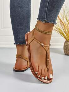 New Spring/Summer Fashion Women Slippers, Solid Color Woven Comfortable Beach Sandals, Summer Beach Shoes, Versatile Flat Slip-On Women Flat Sandals - Brown - View 5