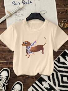 Camiseta de verano para mujer con estampado de perro salchicha de dibujos animados de unicolor, cuello redondo, manga corta, simple, casual, de temperamento, para uso diario. Ropa de verano, vestido personalizado para festival de música