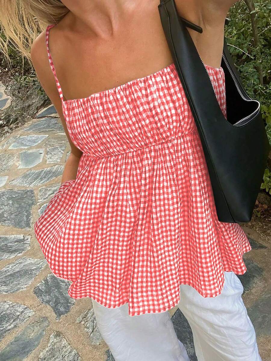 VIVINA Women's Minimalist Plaid Bubble Plaid Ruffle Hem Vacation Style Camisole Top - Red - View 1