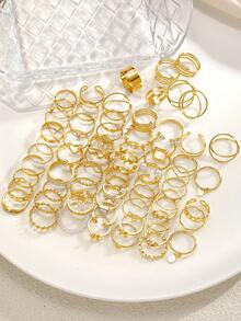 73/66/47pcs Fashionable Minimalist Vintage Elegant Design Loving, Butterfly, Faux Pearl, Rhinestone, Geometric Wave, Infinity, Star, Circle Multilayer Metal Rings Set, Party, Holiday, Gift, Daily Wear - Yellow Gold - View 5