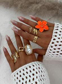 6pcs/7pcs Set Vintage Geometric Flower Embellished Ringed Jewelry Set, Luxury Casual Everyday Rings For Women, Couples, Holidays, Birthdays, Versatile Accessory Gift