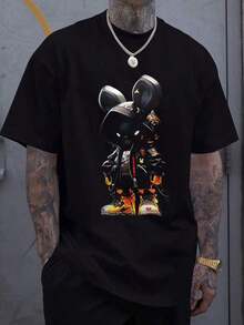 Camiseta de cuello redondo de manga corta con estampado de conejo de caricatura para hombre - Negro - Ver 1