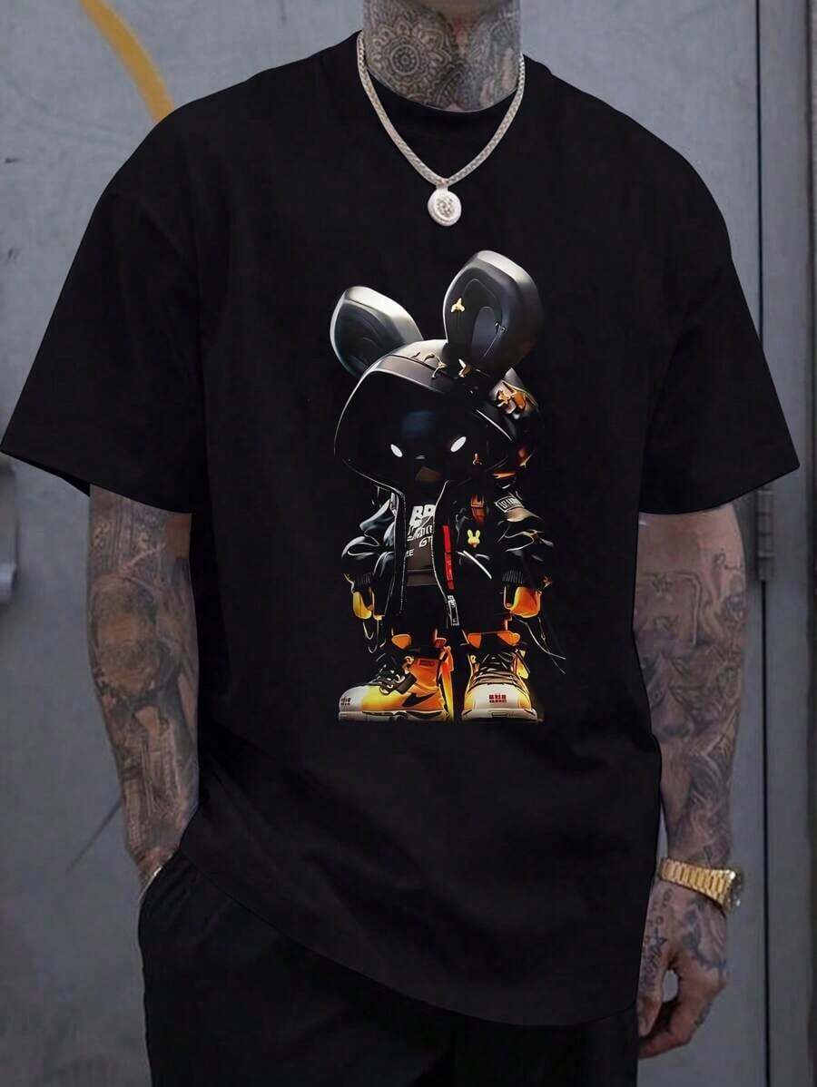 Camiseta de cuello redondo de manga corta con estampado de conejo de caricatura para hombre - Negro - Ver 1