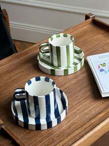 1件黑白条纹陶瓷杯碟套装，极简经典法式条纹陶瓷咖啡杯碟套装，适用于咖啡厅、厨房、下午茶、摄影、生日礼物 - 彩色 - 查看 4