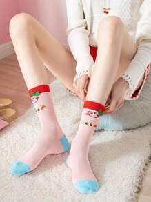 3 pares de calcetines medianos de mujer con diseño de dibujos animados lindos - diseño de bloques de color ligero, tela suave, adecuados para primavera/verano, uso diario