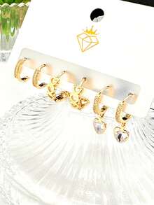 Three Pairs Fashion Earrings Set, Elegant Women's Heart-Shaped  Pendant Earrings + Classic Hollow Heart-Shaped Shiny Earrings +  Inlaid Hoop Earrings, 925 Silver Or 18K Gold Plated - 金色 - 查看 2