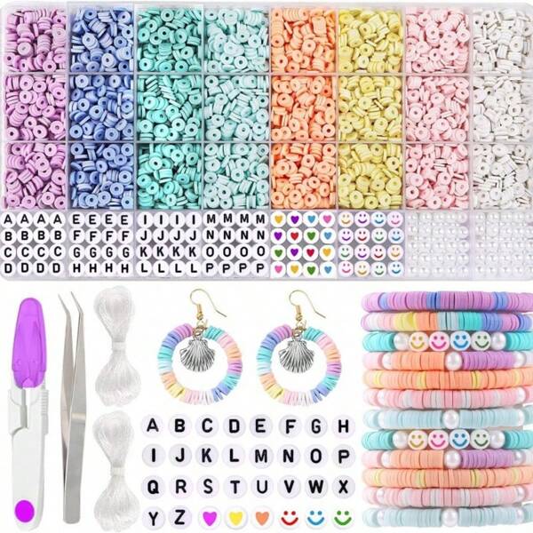 Set de 3000 cuentas de arcilla para hacer pulseras, 8 colores pastel, cuentas poliméricas tipo heishi, cuentas planas, cuentas con letras y perlas para manualidades de joyería y pulseras de la amistad