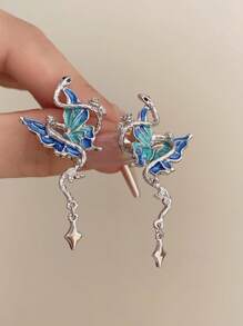 1 Pair Women's Luxury Vintage Metal Snake & Blue Butterfly Stud Earrings, Exaggerated Design For Party, Banquet