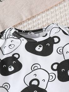 4pcs Newborn Baby Boy Outfit Set: Cute Bear Printed Long Sleeve Bodysuit + Pants + Socks + Hat - Black - View 3