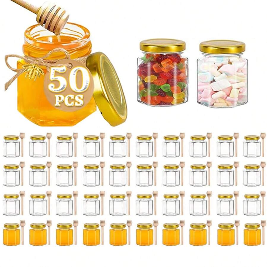 50 Frasco Mini Tarros De Miel Con Tapa Y 50 Bolsa De Regalo - Dorado - Ver 1