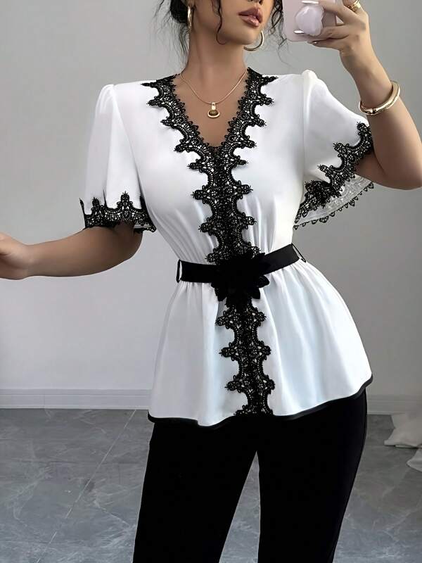 1pc Contrast Color Lace Patchwork Ruffled Belted Shirt