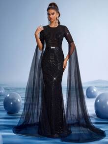 GIFORU Rochie de seară elegantă, model sirenă, cu mărgele negre - Rochie de mireasă luxoasă, transparentă, cu mâneci clopot, cu mărgele complicate și talie strânsă, rochie de covor roșu brodată manual pentru gale/baluri subacvatice/nopți de operă, rochie de petrecere, rochie formală - Negru - Vizualizare 4