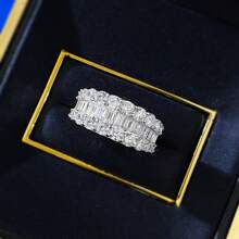 SHE IN Cubic Zirconia Three Row Eternity Ring For Women Round Cut CZ Sterling Silver Wide Wedding Bands Rings For Her
