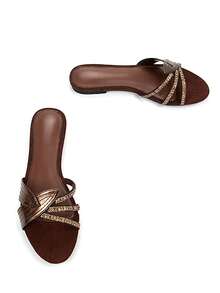 Women Elegant Bronze Leaf Decor Rhinestone Chain Suede Slip-On Flat Mules Shoes, Comfortable & Stylish For Daily Wear And Party,Spring Summer Outfits - Brown - View 4