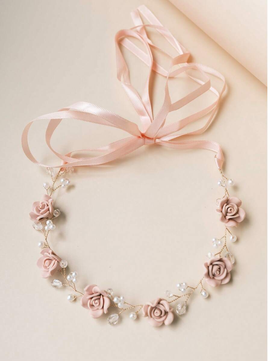 1 chiếc băng đô cài tóc vòng hoa thủ công với hoa hồng pha lê, lá xanh, ngọc trai giả, phụ kiện đội đầu cô dâu cho phù dâu, phụ kiện nghỉ dưỡng biển, ngày Valentine.
