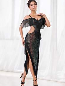 亮片流苏拉丁舞裙，闪亮网纱舞裙，闪亮派对礼服