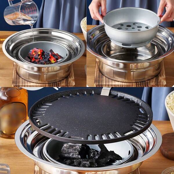 1 Stück Innen- und Außen-Koreanischer Barbecue Grill, BBQ, Haushalts-Holzkohle-Rauchfreie Maifan-Stein Backpfanne
