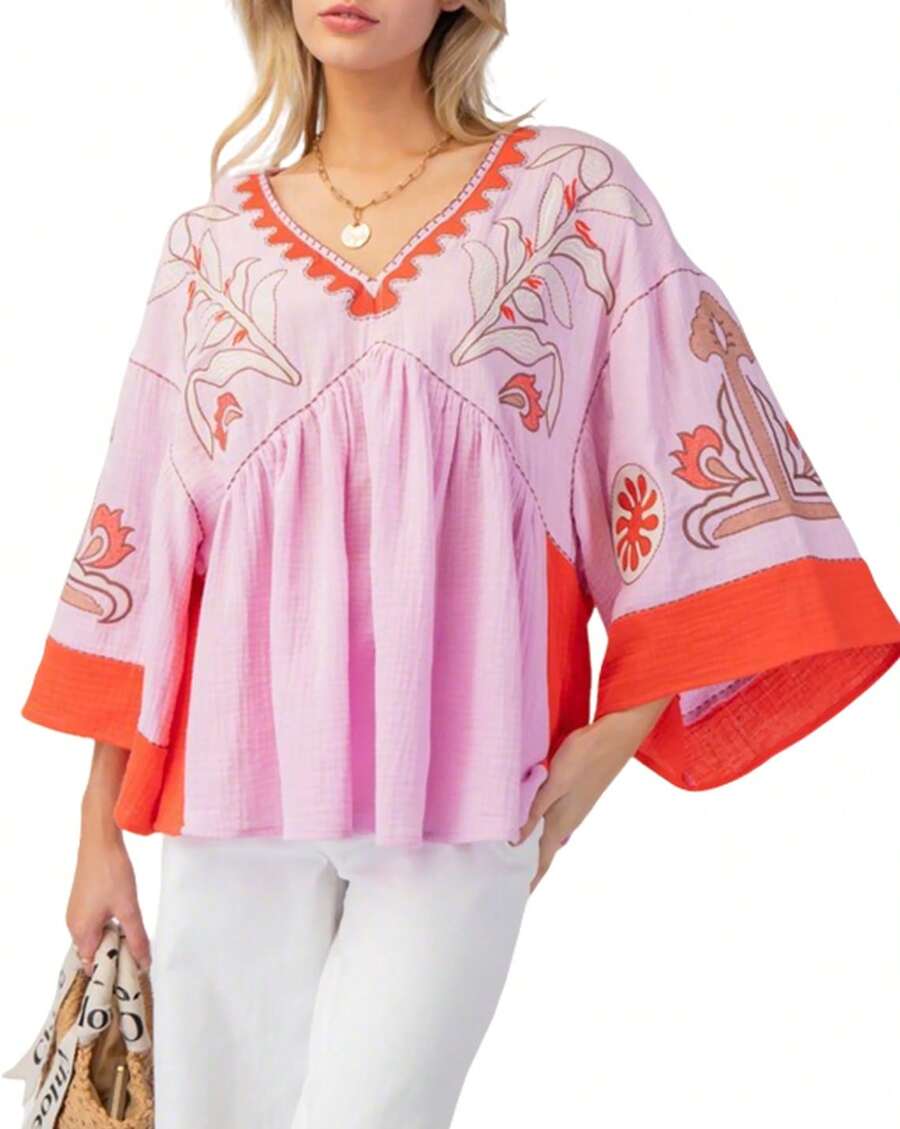 Women's Floral Print Babydoll Tops Summer V Neck Flare Sleeves Boho Loose Flowy Beach Vocation Tee Shirts - Hồng - Xem 1