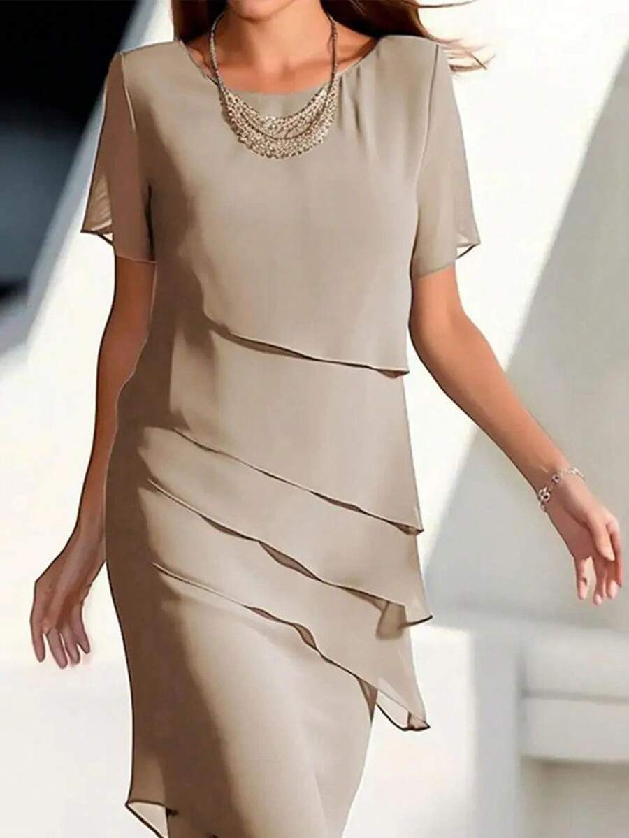 New Elegant Casual Chiffon Dress For Women In Autumn/Winter, Solid Color Short Sleeve Round Neck Flowy Ruffle Hem Loose Waist Dress, Breathable Draping, Suitable For Office, Party And Daily Wear - Apricot - View 1