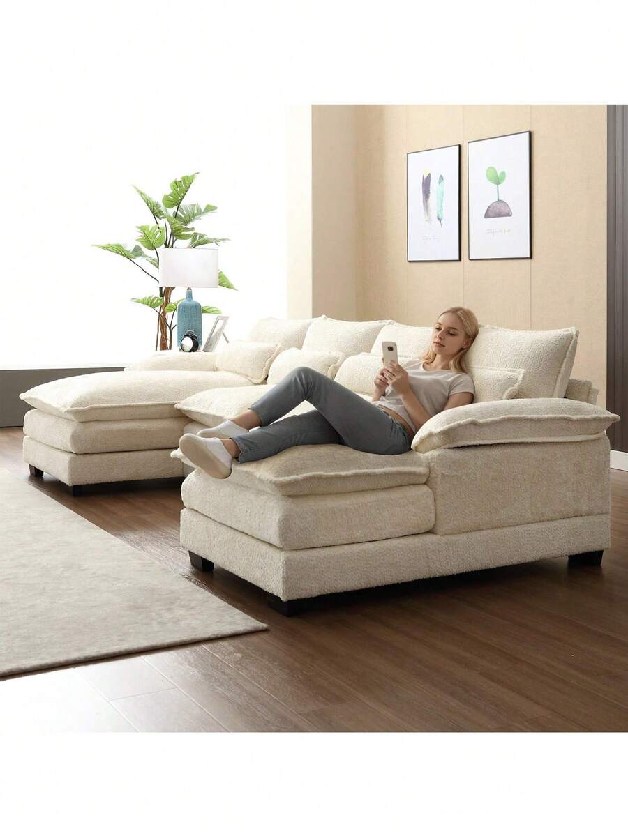 U Shape Sectional Sofa Cloud Couch For Living Room, 110" Modern Chenille Comfy Modular Sofa, 4 Seat Upholstery Sofa Sleeper With Double Chaise & Memory Foam - trắng - Xem 1