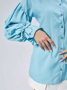 Women's Solid Color Drop Shoulder Long Sleeve Elegant Single-Breasted Summer Shirt - Teal Blue - View 2
