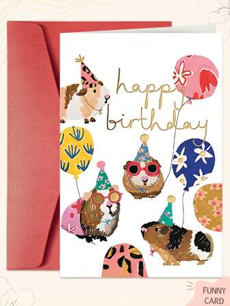 1PC Cute Birthday Greeting Cards Come With Envelopes. The Cartoon Animal Birthday Cards Are Suitable For Giving To Family Members, Sons And Daughters. As Birthday Decorations, They Are Of High Quality And Suitable For Various Occasions. A Group Of Guinea Pigs Are Celebrating Their Birthdays.