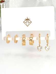 Three Pairs Fashion Earrings Set, Elegant Women's Heart-Shaped  Pendant Earrings + Classic Hollow Heart-Shaped Shiny Earrings +  Inlaid Hoop Earrings, 925 Silver Or 18K Gold Plated - 金色 - 查看 1