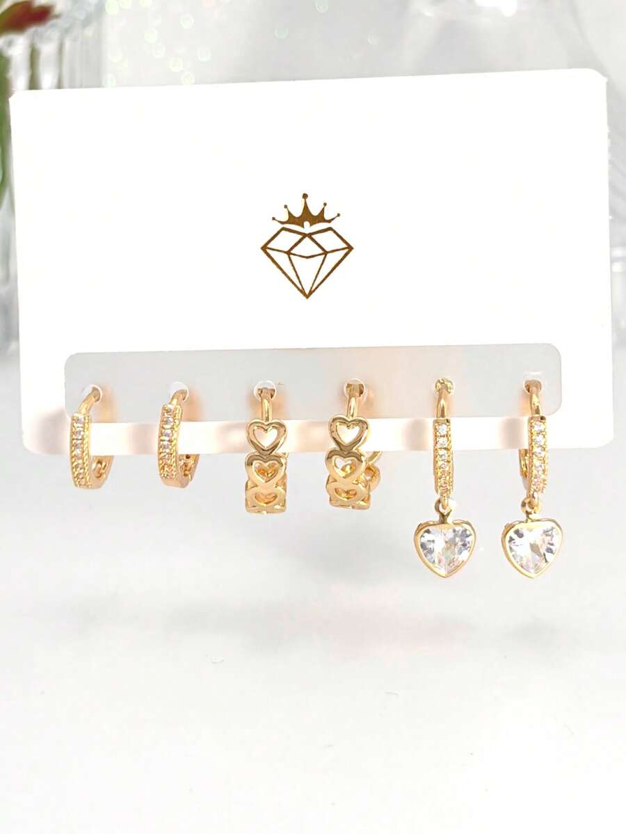 Three Pairs Fashion Earrings Set, Elegant Women's Heart-Shaped  Pendant Earrings + Classic Hollow Heart-Shaped Shiny Earrings +  Inlaid Hoop Earrings, 925 Silver Or 18K Gold Plated - 金色 - 查看 1