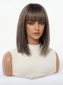 14英寸渐变棕黑金假发，女士短直波波头刘海造型，耐热合成纤维假发，时尚百搭，适合女性和女孩日常佩戴、派对、角色扮演、摄影等场合。