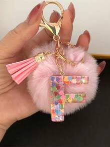 1 Pç Chaveiro de Pelúcia com Letra Inicial do Alfabeto, Chaveiro de Pelúcia com Pompom, Pingente para Bolsa, Mochila, Pingente para Carro, Presente para Mulheres e Meninas, Chaveiro de Resina com Lantejoulas, Acessórios para Carteira e Bolsa, Chaveiro com Borlas, Letra Inicial do Alfabeto A-Y, Escola