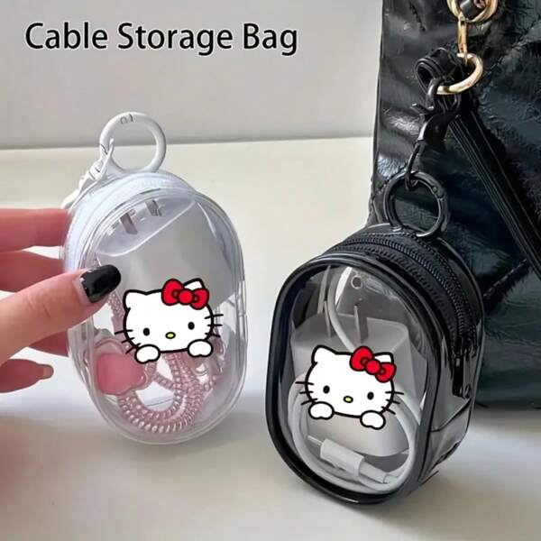Sanrio 1pc Kawaii Sanrio Hello Kitty Portable Mini Fashion Zipper Organizer Clear Pouch With Key Ring Fits Earphones And Chargers Compact Travel Accessories Durable Zipper Closure