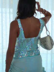 Women Sequin Tank Tops Slim Sparkly Deep V Neck Sleeveless Open Back Crop Vest Casual Summer Streetwear