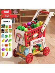 1个儿童过家家购物车，大容量，逼真水果，双层储物空间，优质材料，需自行组装，适合作为节日和生日礼物，享受购物体验，是送给男孩女孩的理想礼物。（请仔细查看图片中小购物车的尺寸。）