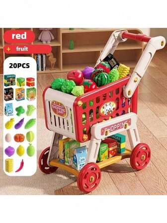 1件儿童家用仿真购物车，大容量，仿真水果，双层储物，优质材料，需自行组装，适合作为节日和生日礼物，体验购物乐趣，是送给男孩女孩的理想礼物。