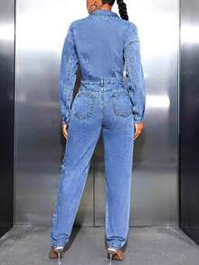 Women's Summer Long Denim Jumpsuit Long Sleeve Trun Down Collar Ripped Button Up Playsuit Streetwear - Blue - View 5