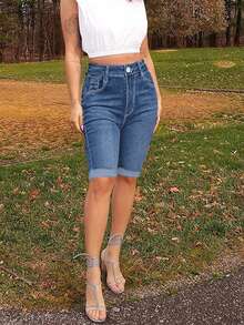 女式水洗口袋修身弹力牛仔骑行裤 - 中等水洗藍 - 查看 7