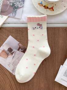 Sanrio 1Pair Sanrio Hello Kitty Mid-Calf Crew Summer Socks Women Socks Flounced Hem Seamless Toe & Breathable Ribbed Texture - Spring/Summer Collegiate Style Socks For School Outfits, Cute Gift With Greeting Card For Birthdays/Valentine's Day
