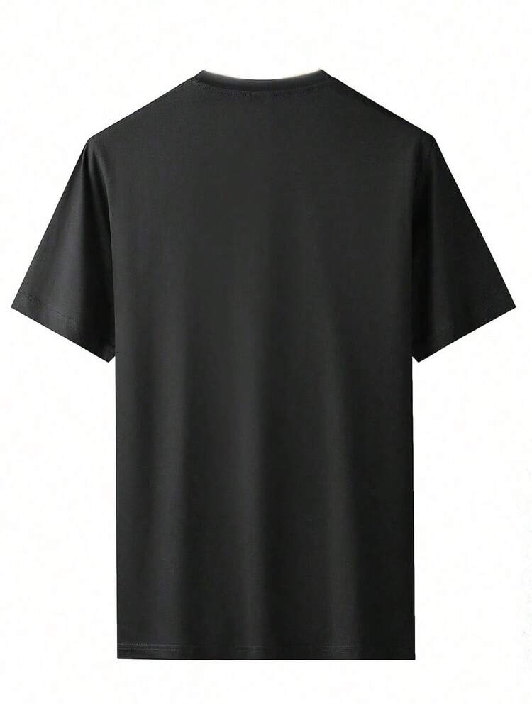 Camiseta casual de manga corta con cuello redondo y estampado de eslogan para hombres - Negro - Añade 2
