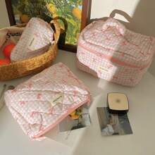 1pc SML Korean Style Plaid Bow Makeup Bag, Large Capacity Portable Travel Toiletry Organizer