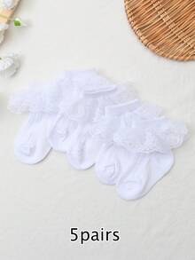 5 Pairs Girls' Double-Layer Lace Trim Ankle Socks, Practical Multipurpose