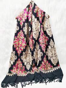 1 pièce Écharpe de femme en imitation cachemire brodée pour l'automne et l'hiver, épaissie et chaude, avec des glands, châle de voyage et cape style bohème brodé