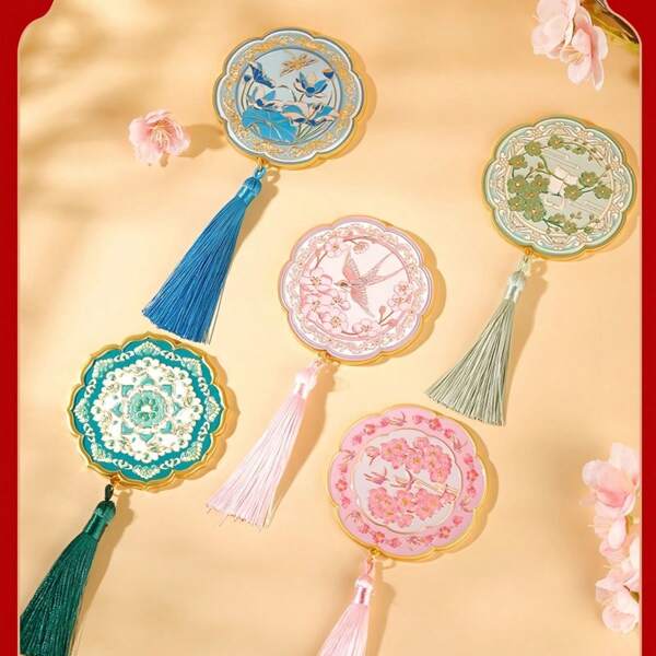 1pc Chinese Style Hand Held Mirror With Tassels, Gift Box Packaging, Suitable As Gift Or Personal Use