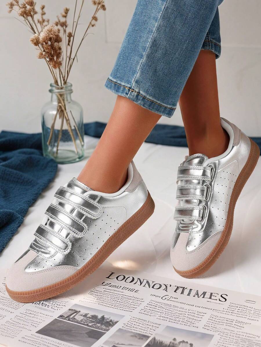 Comfortable Women's Sneakers Punk Metal Round Toe Buckle Design Ladies Flat Sneakers Casual Spring Summer Shoes Women - Bạc - Xem 1