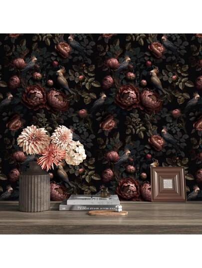 Roll Dark Vintage Self Adhesive Wallpaper Rood Peony Bird Pattern On Zwart Background, Waterproof Contact Paper, Removable Peel Stick Wand Living Room, Bedroom, Dining Room TV Kitchen Cabinet, Bookshelf, Table, Chair, DIY Friendly, Artistic Aesthetic