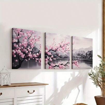 3pcs Set Of Japanese Sakura Wall Art With Wooden Frame - Tranquil Lake & Mountain Landscape, Pink Cherry Blossoms, Ideal For Zen Garden & Serene Home Decor, Bedroom Wall Decor|Minimalist Style|Wooden Frame Art, Sakura Decor