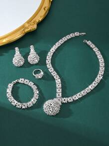 Saudi Arabia Middle East Dubai Luxury Bridal Jewelry Set, Cubic Zirconia Necklace Earrings 4 Piece Evening Jewelry Suit For Women, Wedding And Party