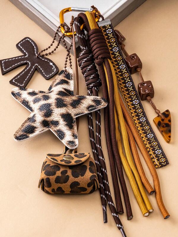 Luxury Handmade PU Leather Leopard Print Star Keychain, 3D Coin Purse, Couples Gift, Woven Tassel Keyring, Fashion Bag Charm, Mother's Day Gift