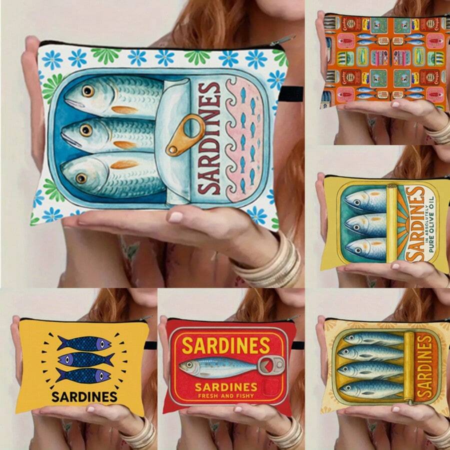 复古沙丁鱼图案化妆旅行包 - 拉链化妆包，涤纶洗漱包，送给老师和朋友的礼物，多功能便携拉链袋，适合旅行和返校，旅行必备，假期和返校用品包，学习用品包，洗漱包，旅行 - 彩色 - 查看 1