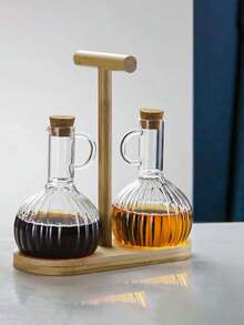 高硼硅玻璃油瓶配木盖，厨房液体调味瓶，条纹酱醋玻璃罐 - 透明 - 查看 7